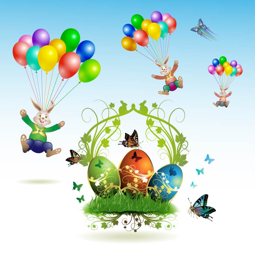 Easter-card-with-butterflies-and-decorated-eggs-on-gras